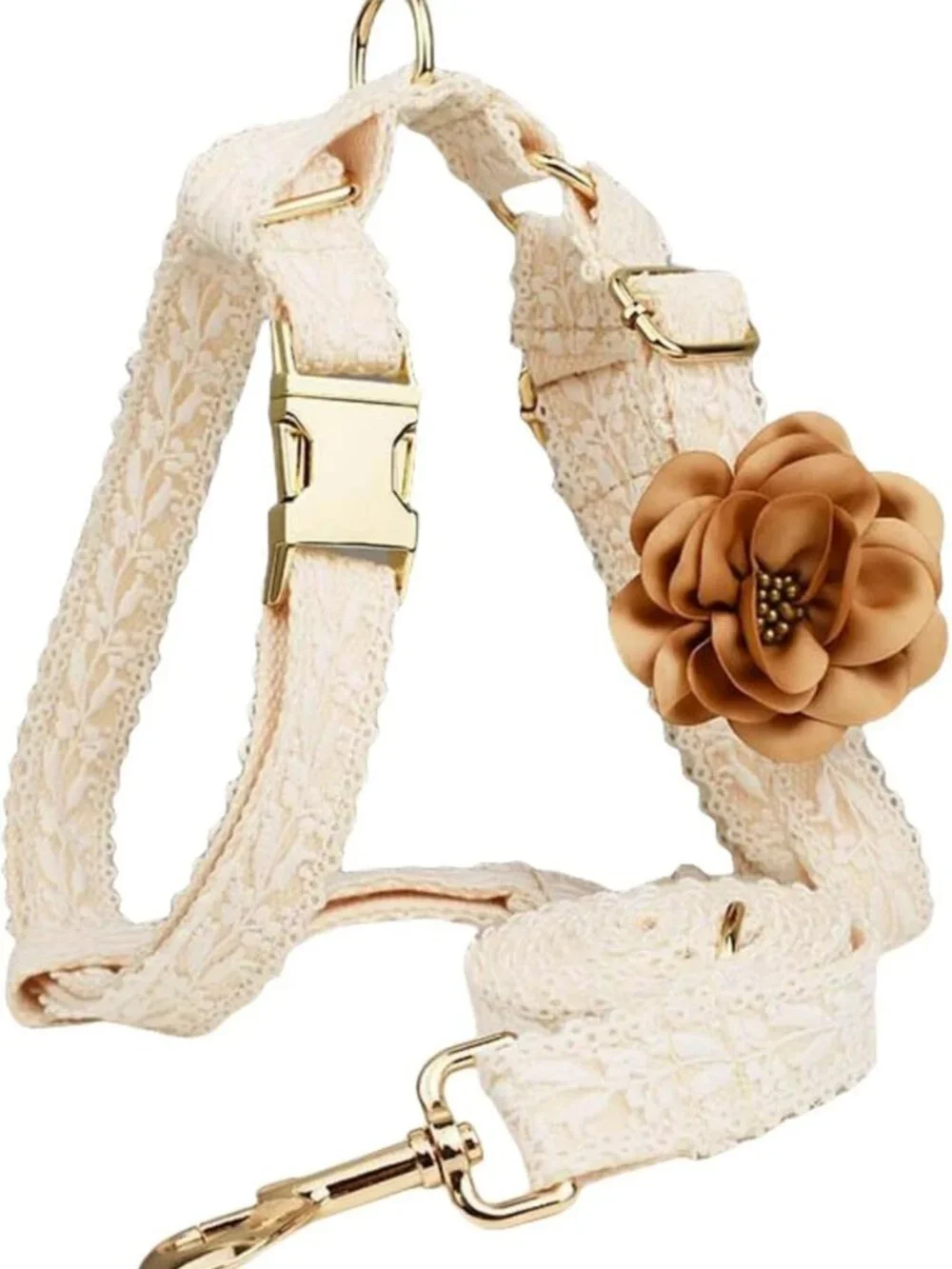 Adjustable White Lace Dog Harness & Leash Set for Girls - No Pull, Luxury Design